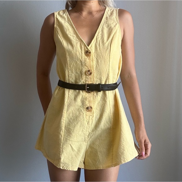 Princessp Polly Linen Button Front Sleeveless Romper / Playsuit in Butter Yellow - Picture 3 of 7